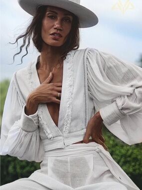 Women's Cream Cropped Peasant Blouse with Tie Front